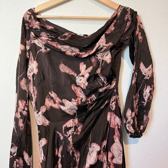 Amur Brown Floral Lorraine Off The One Shoulder Silk Midi Dress Women's Size 6 - Picture 3 of 8